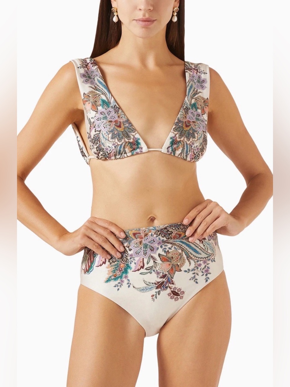Zimmerman Revolve Rhiannon Wide Shoulder Bikini Cream Multi Paisley Sz 4-6